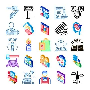 Seamless pattern with a variety of modern business and lifestyle isometric .. Stock Illustration