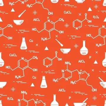 Seamless pattern with variety scientific, education elements: flask, formula, Illustrazione stock