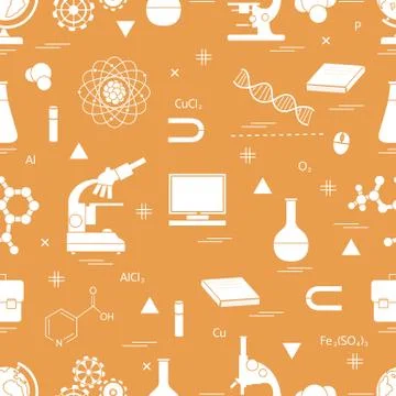 Seamless pattern with variety scientific, education elements: globe, microsco Stockillustratie