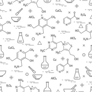 Seamless pattern with variety scientific, education elements: flask, formula, Illustrazione stock