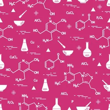 Seamless pattern with variety scientific, education elements: flask, formula, Illustrazione stock
