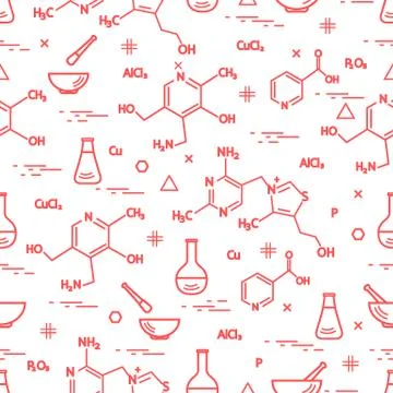 Seamless pattern with variety scientific, education elements: flask, formula, Stockillustratie