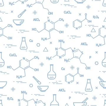 Seamless pattern with variety scientific, education elements: flask, formula, Illustrazione stock