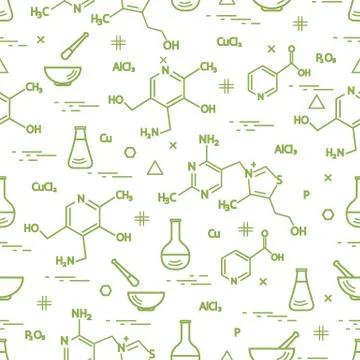 Seamless pattern with variety scientific, education elements: flask, formula, 스톡 일러스트