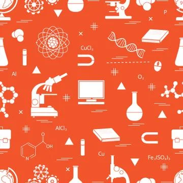 Seamless pattern with variety scientific, education elements: globe, microsco Illustrazione stock