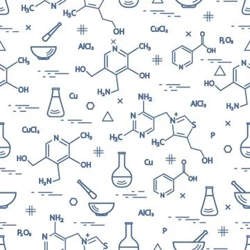 Seamless pattern with variety scientific, education elements: flask, formula, Stock Illustration