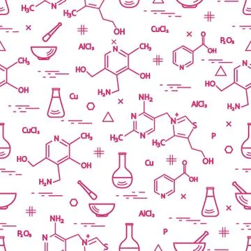 Seamless pattern with variety scientific, education elements: flask, formula, Illustrazione stock