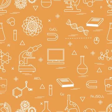 Seamless pattern with variety scientific, education elements: globe, microsco 스톡 일러스트