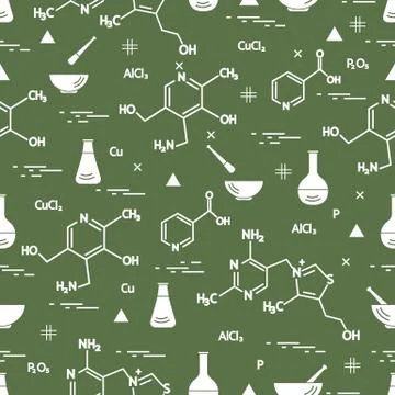 Seamless pattern with variety scientific, education elements: flask, formula, 库存插图
