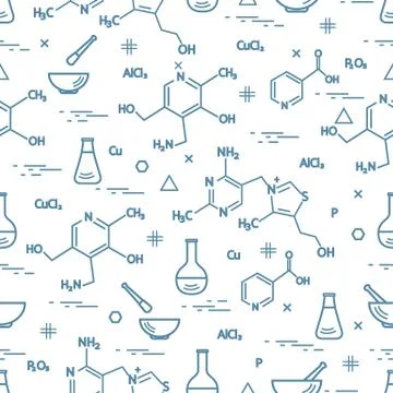 Seamless pattern with variety scientific, education elements: flask, formula, Stockillustratie