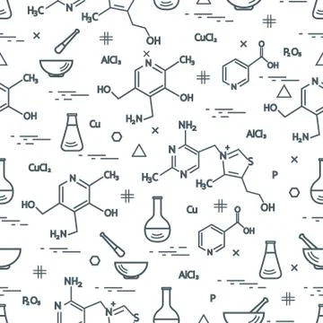 Seamless pattern with variety scientific, education elements: flask, formula, Illustrazione stock