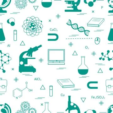 Seamless pattern with variety scientific, education elements: globe, microsco 스톡 일러스트