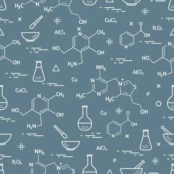 Seamless pattern with variety scientific, education elements: flask, formula, Illustrazione stock