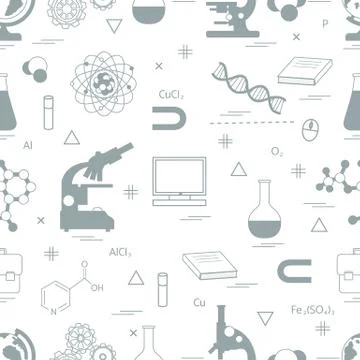 Seamless pattern with variety scientific, education elements: globe, microsco Illustrazione stock