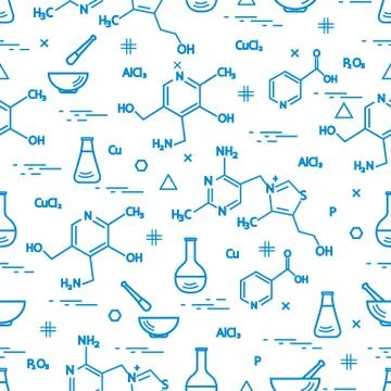 Seamless pattern with variety scientific, education elements: flask, formula, 스톡 일러스트