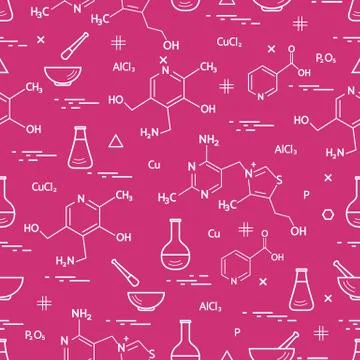 Seamless pattern with variety scientific, education elements: flask, formula, Stockillustratie