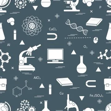 Seamless pattern with variety scientific, education elements: globe, microsco 스톡 일러스트