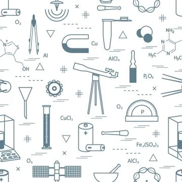 Seamless pattern with variety scientific, education elements: dividers, formu Illustrazione stock