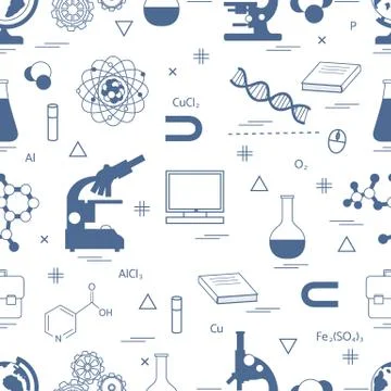 Seamless pattern with variety scientific, education elements: globe, microsco 스톡 일러스트