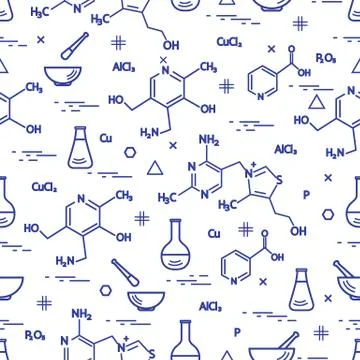 Seamless pattern with variety scientific, education elements: flask, formula, Illustrazione stock