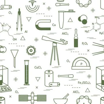Seamless pattern with variety scientific, education elements: dividers, formu Stock Illustration