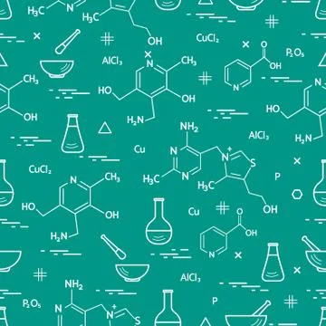 Seamless pattern with variety scientific, education elements: flask, formula, Illustrazione stock