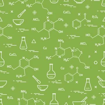 Seamless pattern with variety scientific, education elements: flask, formula, 스톡 일러스트