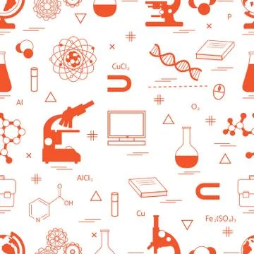 Seamless pattern with variety scientific, education elements: globe, microsco 스톡 일러스트