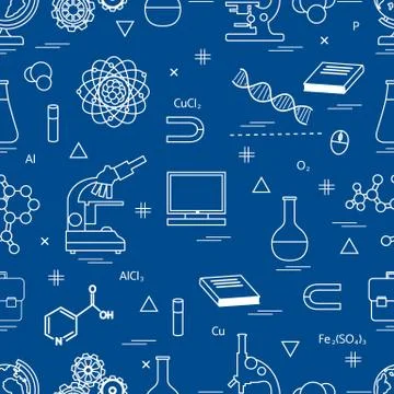 Seamless pattern with variety scientific, education elements: globe, microsco Illustrazione stock