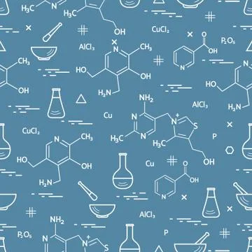 Seamless pattern with variety scientific, education elements: flask, formula, Illustrazione stock