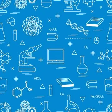 Seamless pattern with variety scientific, education elements: globe, microsco イラスト素材