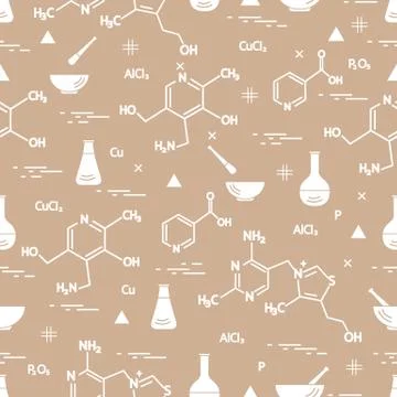 Seamless pattern with variety scientific, education elements: flask, formula, Stockillustratie