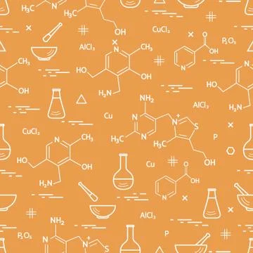 Seamless pattern with variety scientific, education elements: flask, formula, 스톡 일러스트
