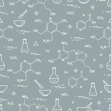 Seamless pattern with variety scientific, education elements: flask, formula, Stockillustratie