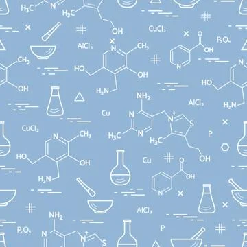 Seamless pattern with variety scientific, education elements: flask, formula, Stockillustratie