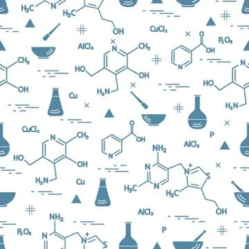 Seamless pattern with variety scientific, education elements: flask, formula, Illustrazione stock