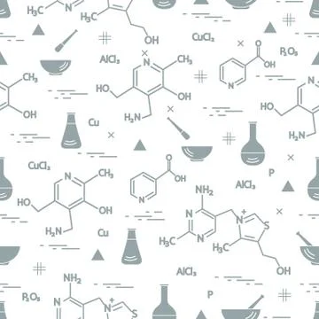 Seamless pattern with variety scientific, education elements: flask, formula, Illustrazione stock
