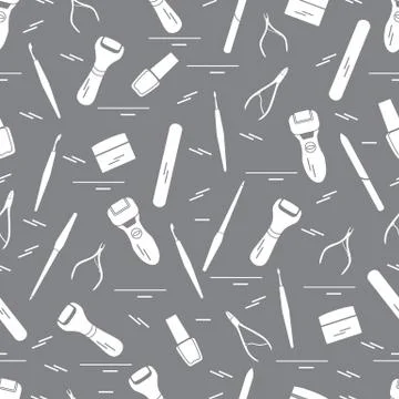 Seamless pattern with variety tools for manicure and pedicure. Personal care. Illustrazione stock
