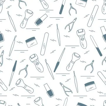 Seamless pattern with variety tools for manicure and pedicure. Personal care. Illustrazione stock