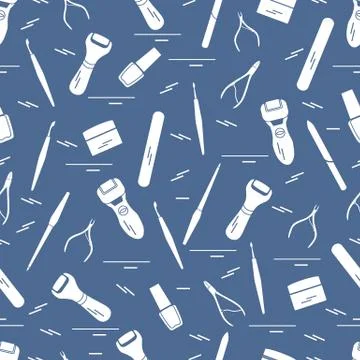 Seamless pattern with variety tools for manicure and pedicure. Personal care. 스톡 일러스트