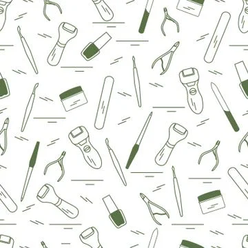 Seamless pattern with variety tools for manicure and pedicure. Personal care. Illustrazione stock