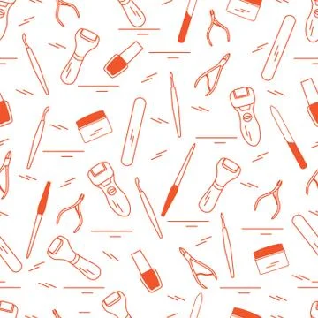 Seamless pattern with variety tools for manicure and pedicure. Personal care. 스톡 일러스트