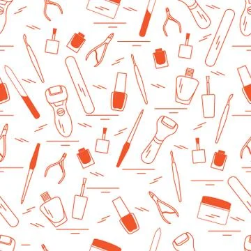 Seamless pattern with variety tools for manicure and pedicure. Personal care. Stock Illustration