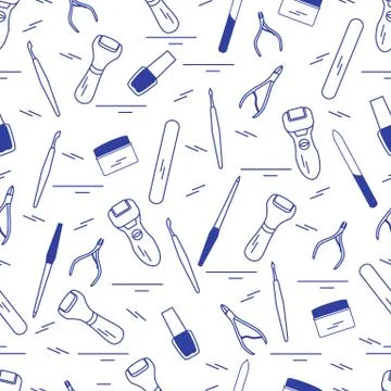 Seamless pattern with variety tools for manicure and pedicure. Personal care. Illustrazione stock
