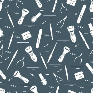 Seamless pattern with variety tools for manicure and pedicure. Personal care. Illustrazione stock