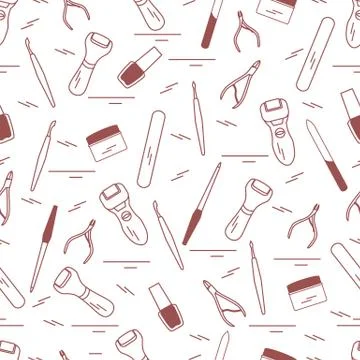 Seamless pattern with variety tools for manicure and pedicure. Personal care. 스톡 일러스트