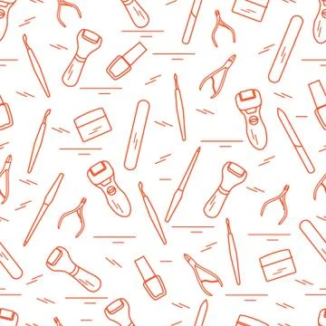 Seamless pattern with variety tools for manicure and pedicure. Personal care. Stock Illustration