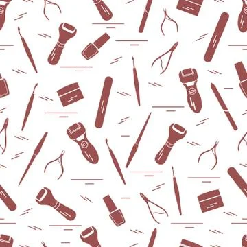 Seamless pattern with variety tools for manicure and pedicure. Personal care. Illustrazione stock