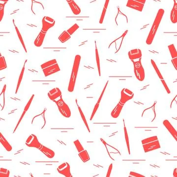 Seamless pattern with variety tools for manicure and pedicure. Personal care. 스톡 일러스트