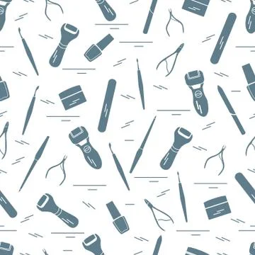 Seamless pattern with variety tools for manicure and pedicure. Personal care. Illustrazione stock